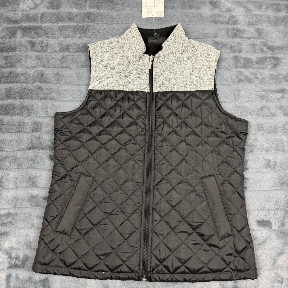 Jane Ashley Womens Quilted Vest Black Gray Knit Yoke Fleece Lined Medium RN59451